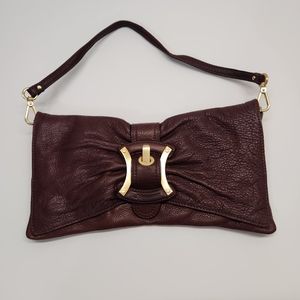 B Makowsky Brown Leather Bow Clutch Purse Handbag Magnetic Flaps Buckle.